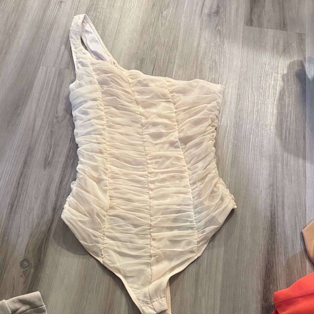Cream One-Shoulder Ruched Bodysuit